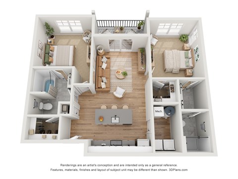 Floor plan for 2 beds, 2 baths, 997 sqft